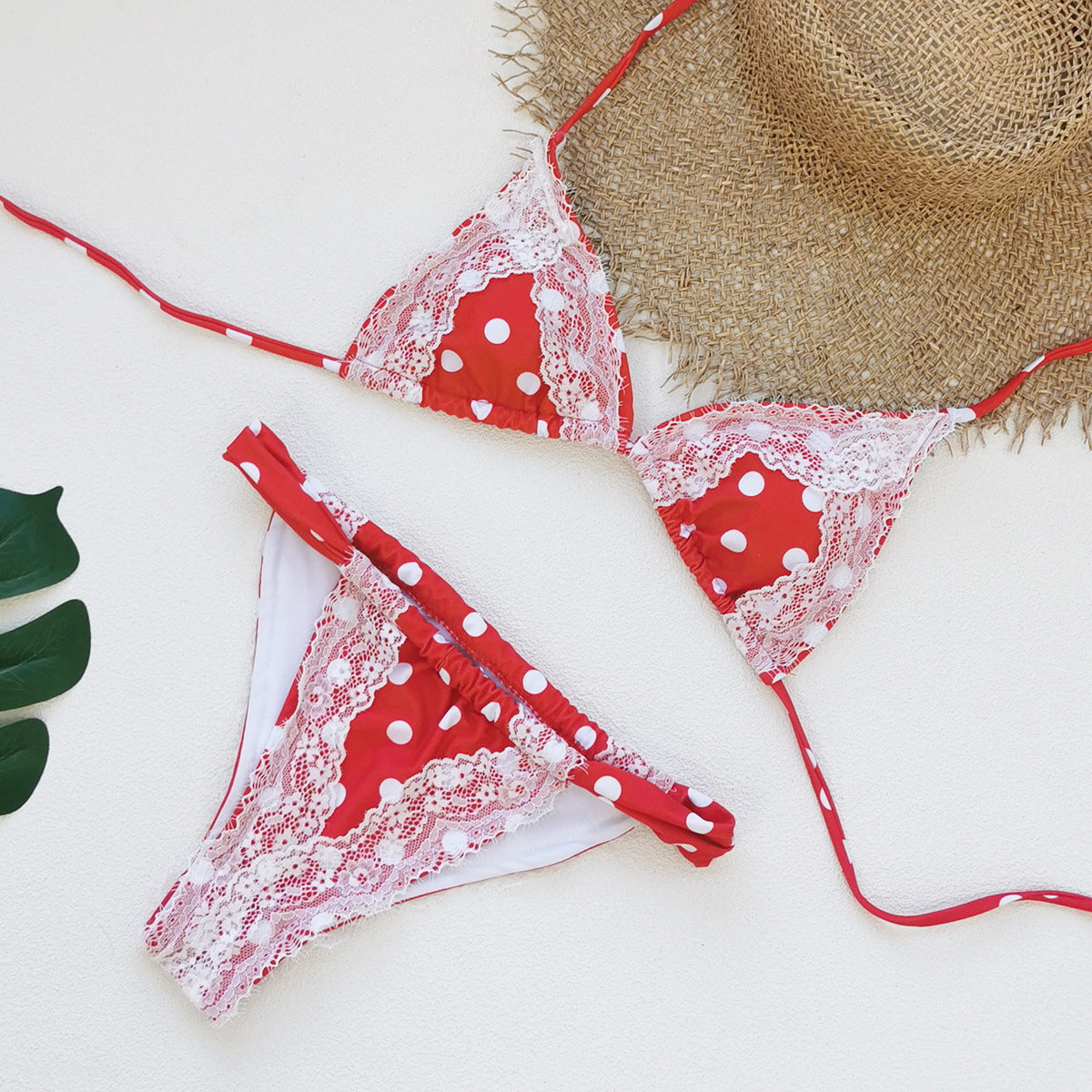 Retro Polka Dot Lace Strap Three Point Bikini Sexy Backless Split Swimsuit